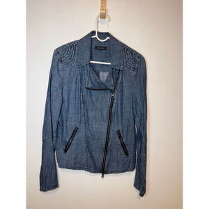 Anthropologie Level 99 light Blue Denim Jean Jacket L with Black Zippers